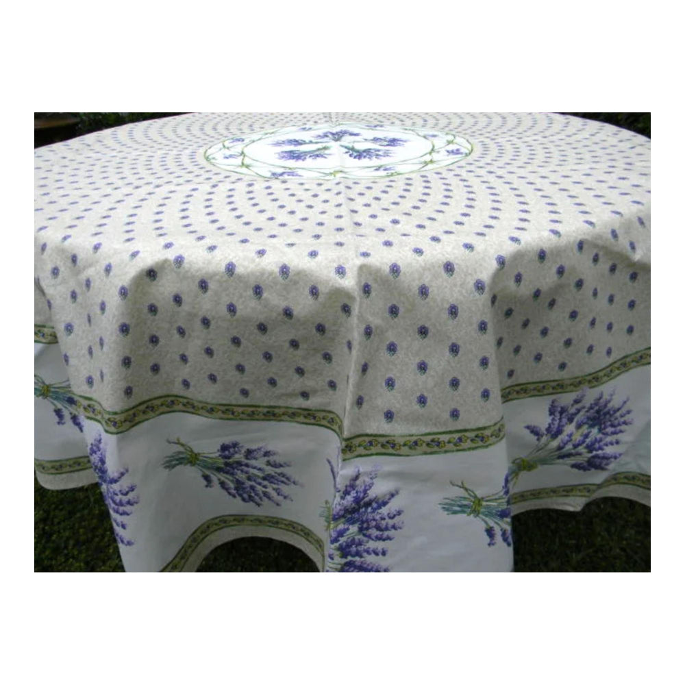 Round tablecloth with lavender design on a white background