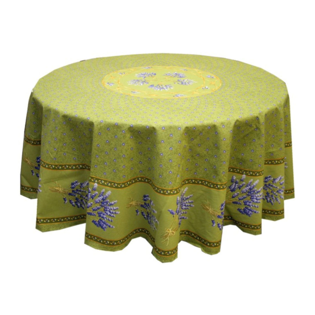 Round green tablecloth with lavender design on a white background