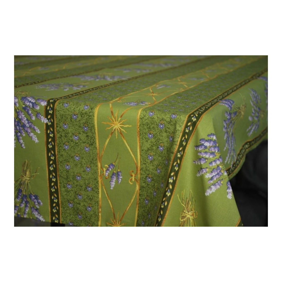 Green tablecloth with floral patterns on a white background