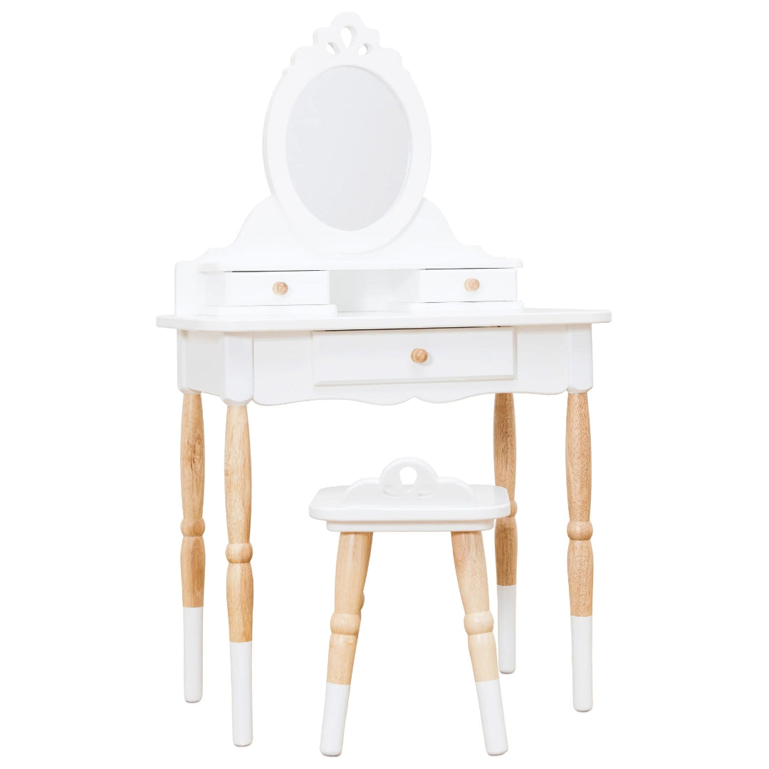 A white wooden dressing-up vanity table with a mirror and a matching stool. The table has two tiers with storage drawers and wooden legs, decorated with a combination of white paint and natural wood.