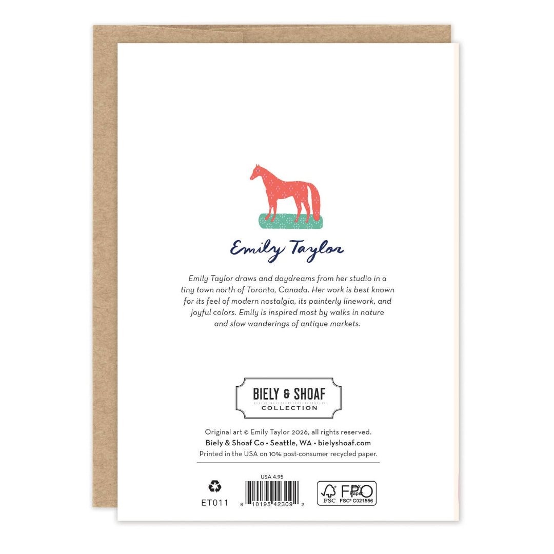 Back of a greeting card with horse illustration and text about Emily Taylor and Biely & Shoaf Co.