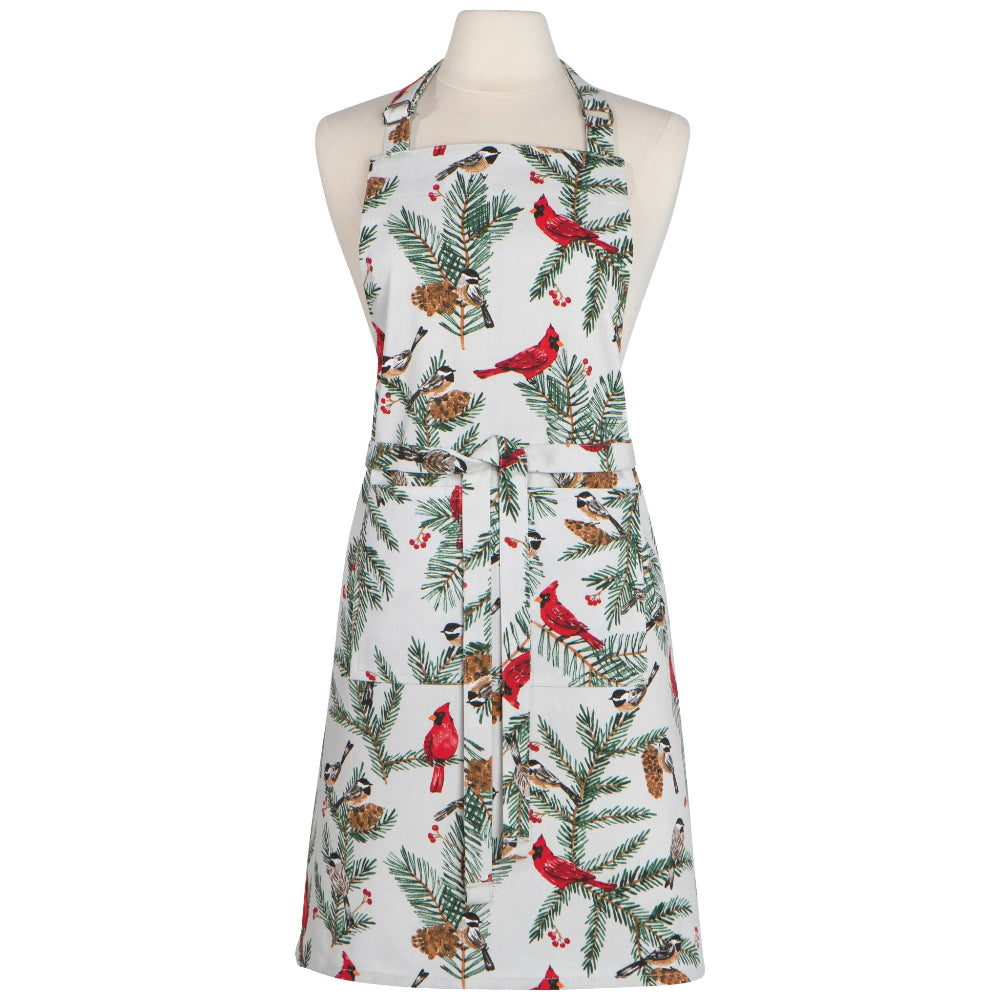 Christmas-themed apron with cardinal birds and pinecones on a white background