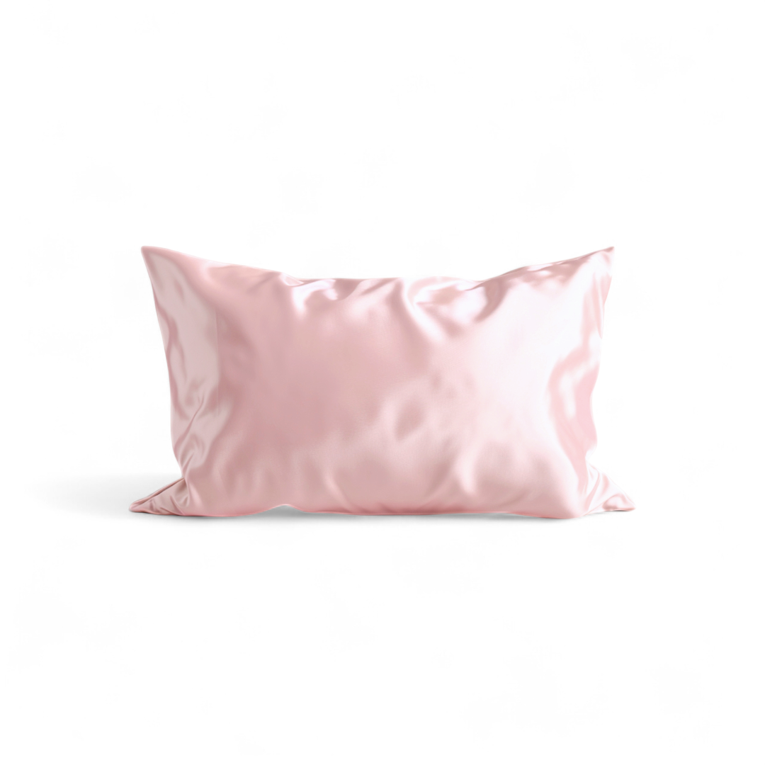 Pink satin pillowcase on a white background