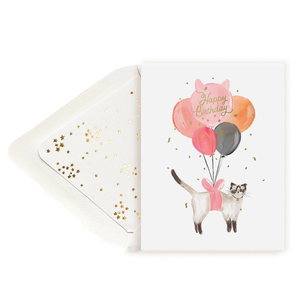 The First Snow - Happy Birthday Balloon Cat with Gold Confetti Greeting Card