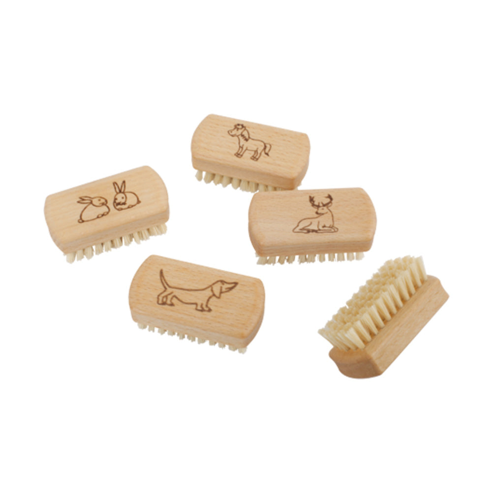Set of five wooden pet brushes with engraved designs on a white background