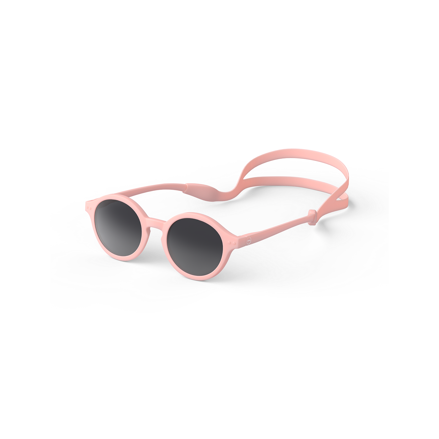 A pair of pastel pink sunglasses designed for kids with a silicone strip for holding.