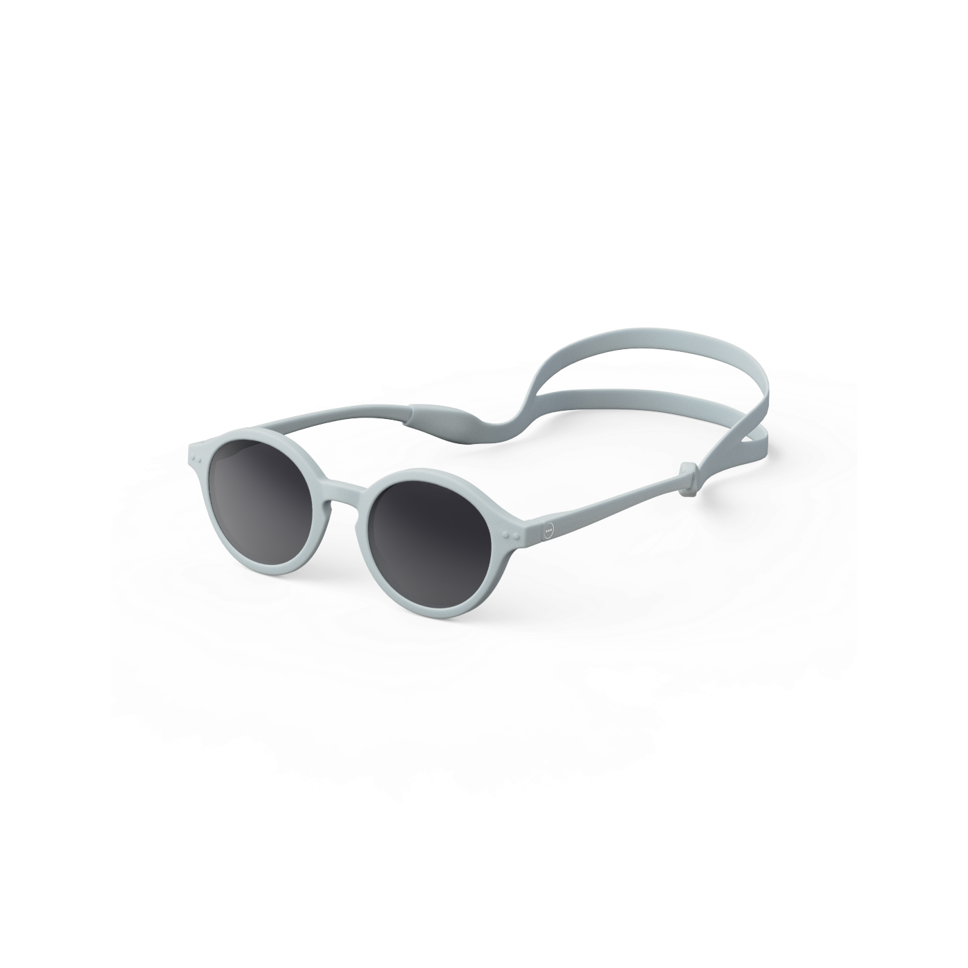A pair of IZIPIZI kids' sunglasses in Aqua Green color with a round shape and straight arms, featuring a removable silicon strip for hold.