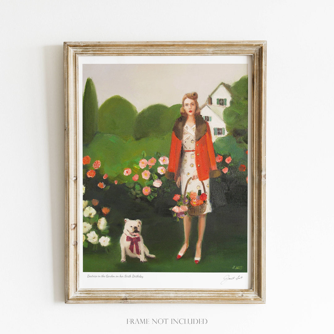 Framed artwork of a woman in a garden with a dog, on a white background.