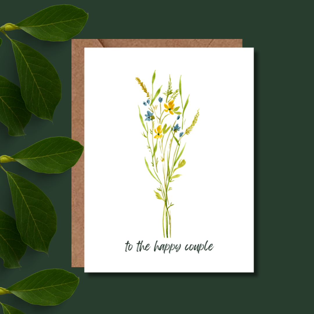 Greeting card with floral design and 'to the happy couple' text on a green background
