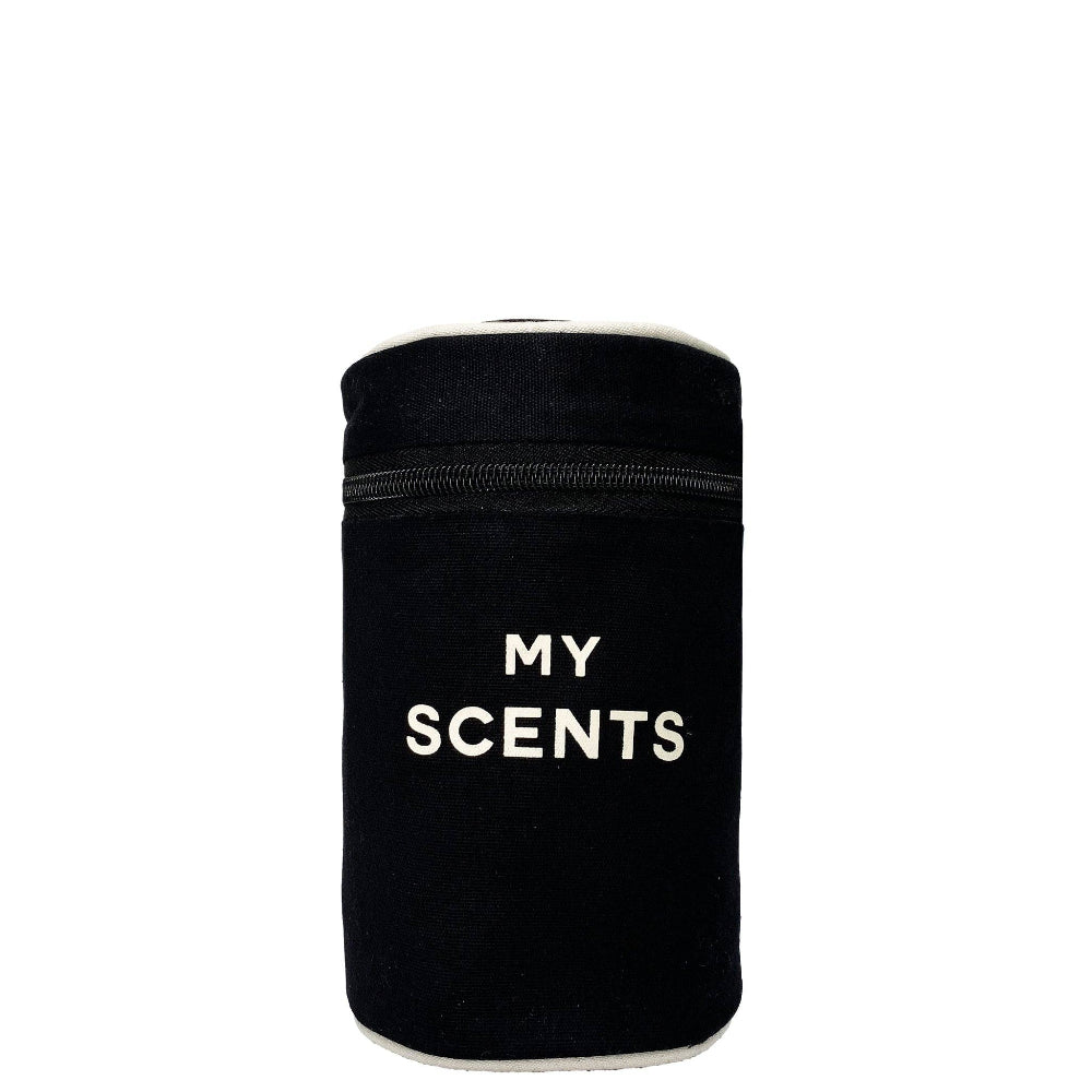A black cylindrical case with the text 'MY SCENTS' printed on the front, secured with a zipper.