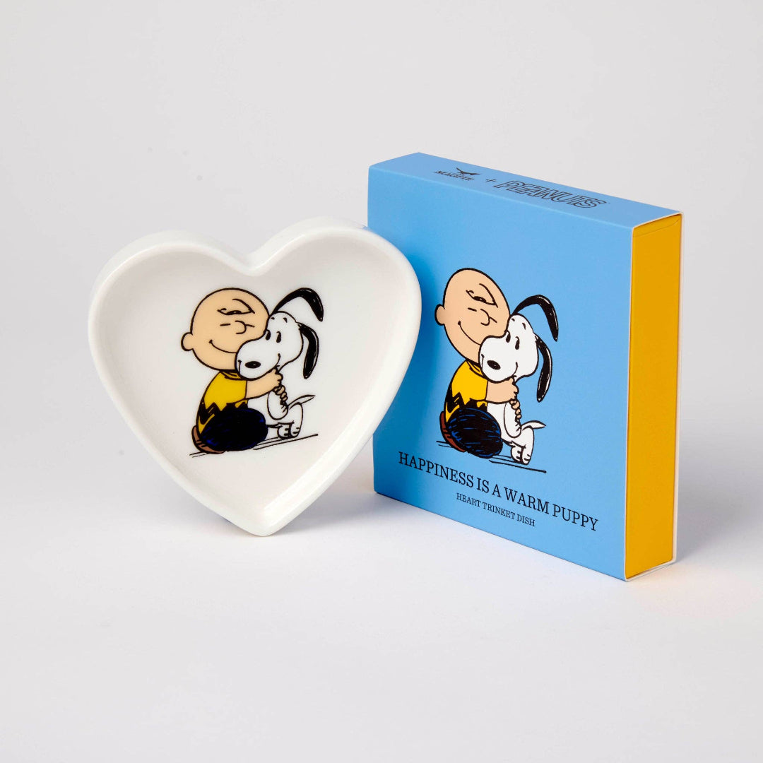 Heart-shaped dish with cartoon characters and matching box on a light gray background