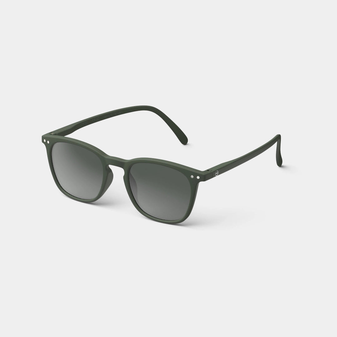 A pair of green full frame sunglasses with a square design and flexible arms.