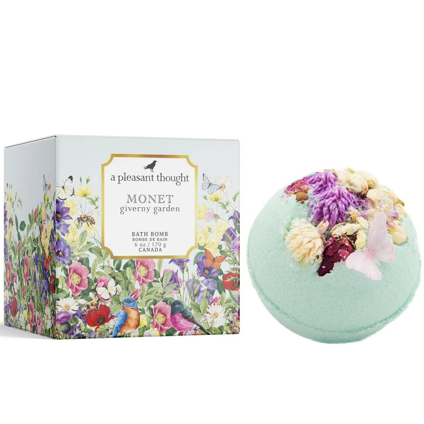 A bath bomb with floral design, alongside its packaging box with the same design and the text 'A Pleasant Thought - MONET | GIVERNY GARDEN'.