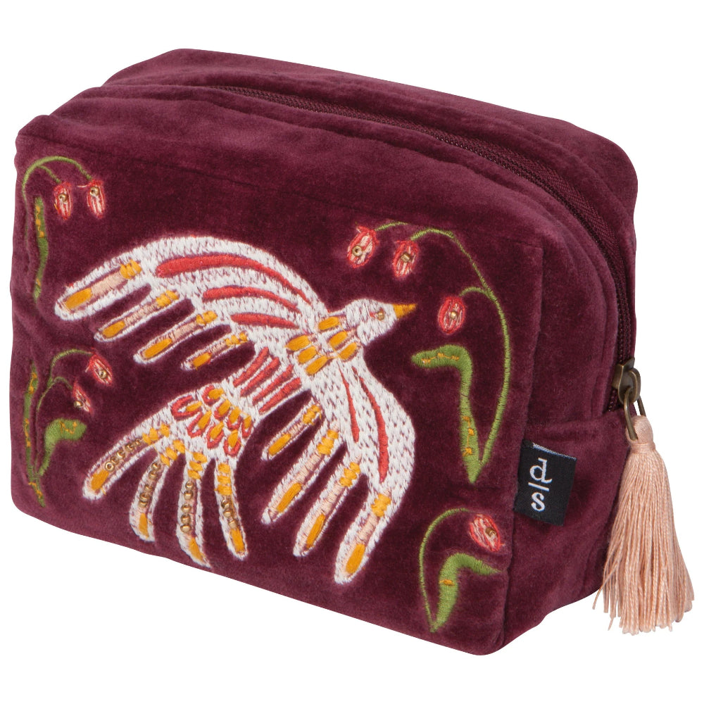 Maroon pouch with embroidered bird design on a white background