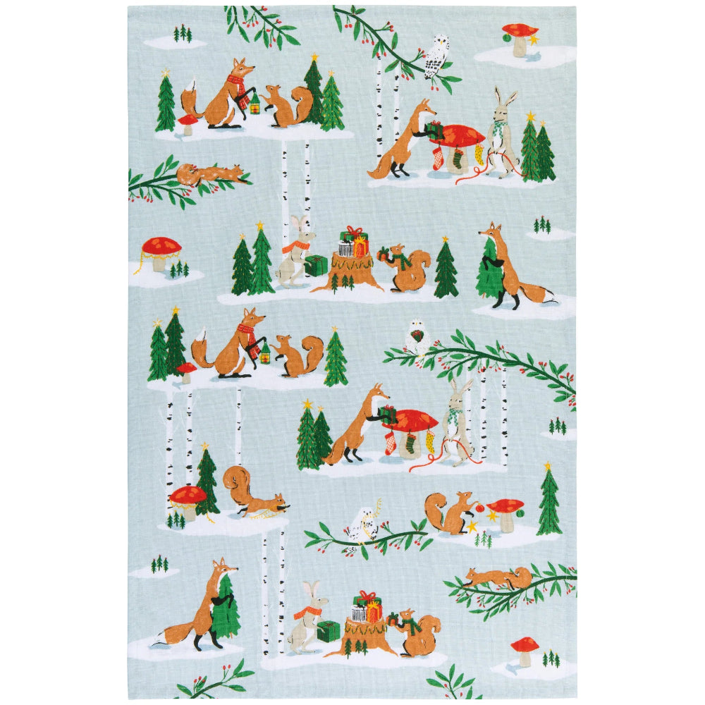 Woodland Animals with foxes, squirrels, and trees on a light blue background