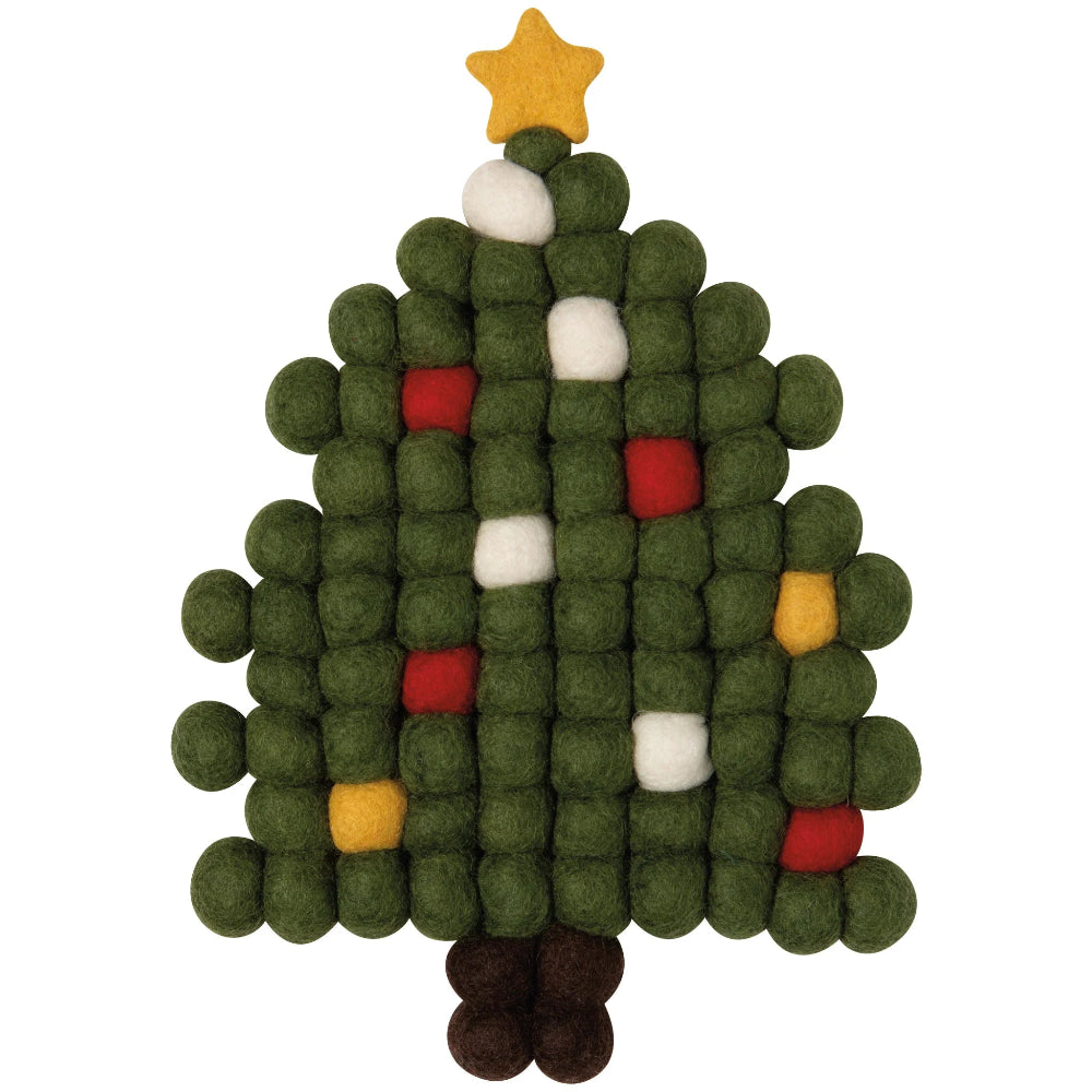 Felt Christmas tree trivet with green, red, and white colors on a white background