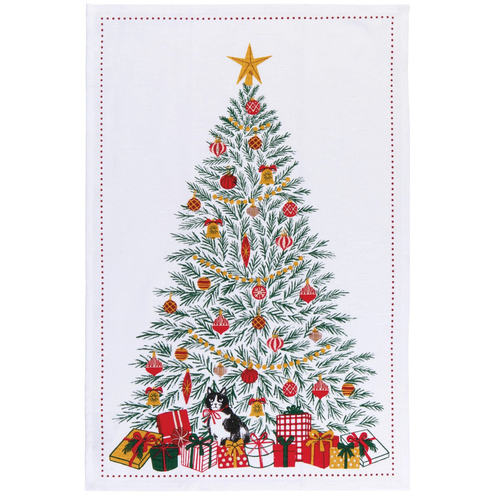Decorative towel with a Christmas tree design featuring ornaments, a cat, and presents on a white background.