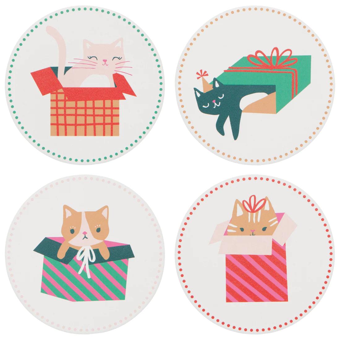 A set of four ceramic coasters with cat illustrations and Christmas-themed designs.