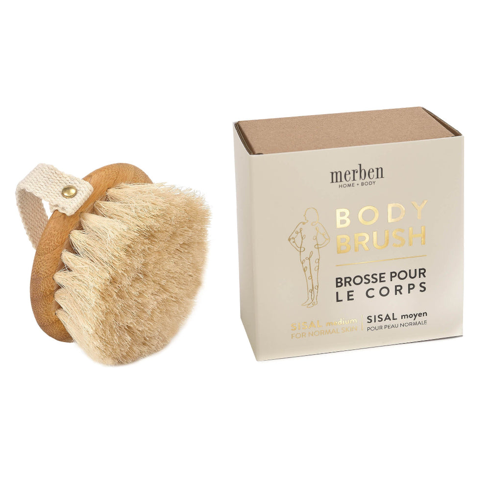 A sisal body brush with bamboo top alongside its packaging box, labeled 'BODY BRUSH' and indicating it is made with sisal fiber.