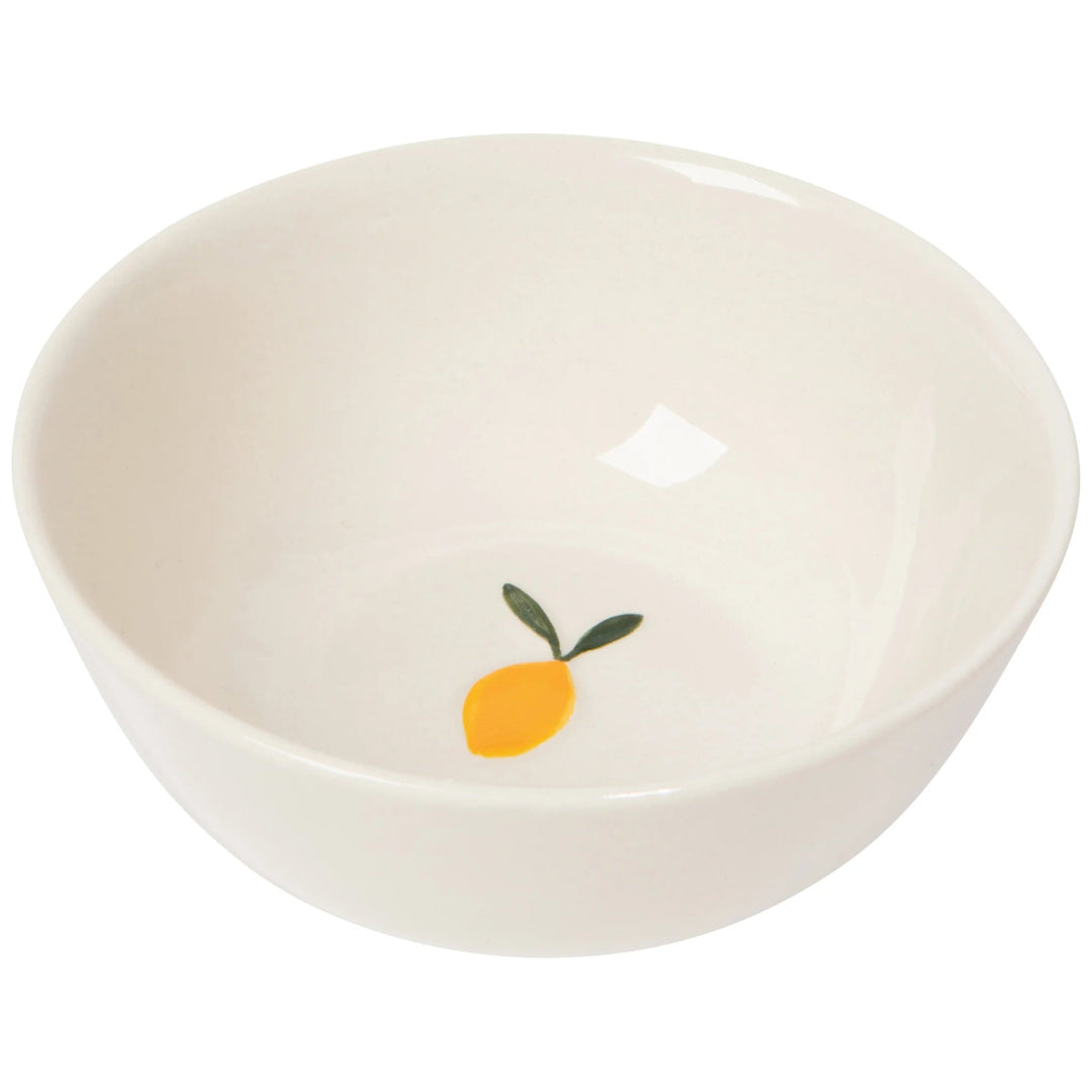 White ceramic bowl with a lemon design on a white background