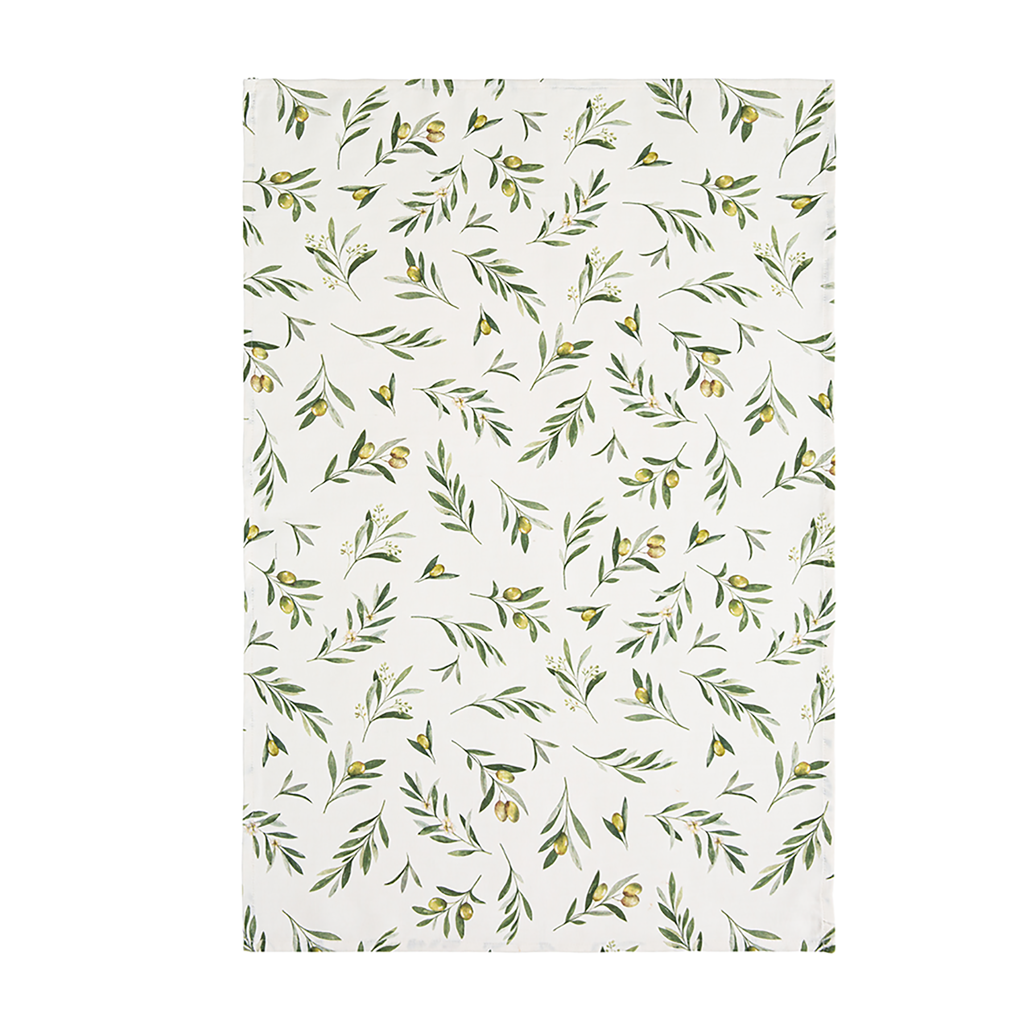 A white tea towel with a green leaf pattern.