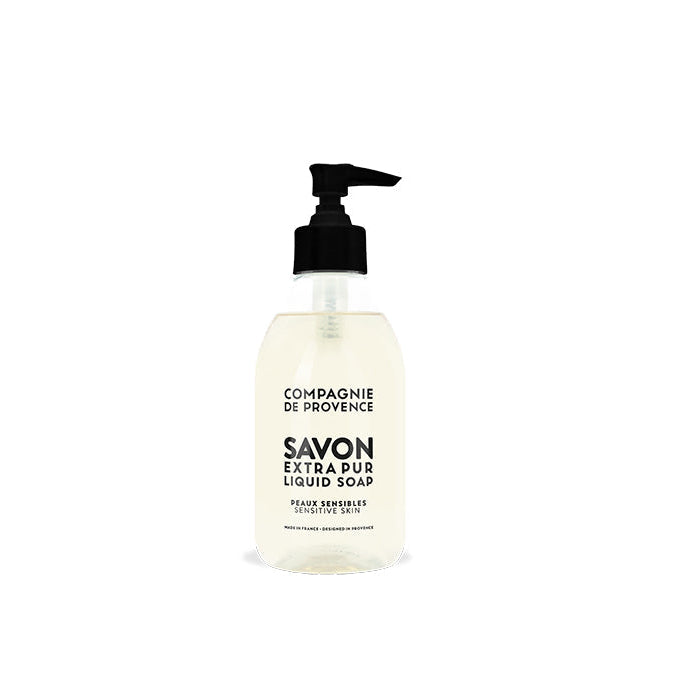A 300ml plastic dispenser of Compagnie de Provence Soothing Marseille Liquid Soap, with a pump dispenser, labeled for sensitive skin.