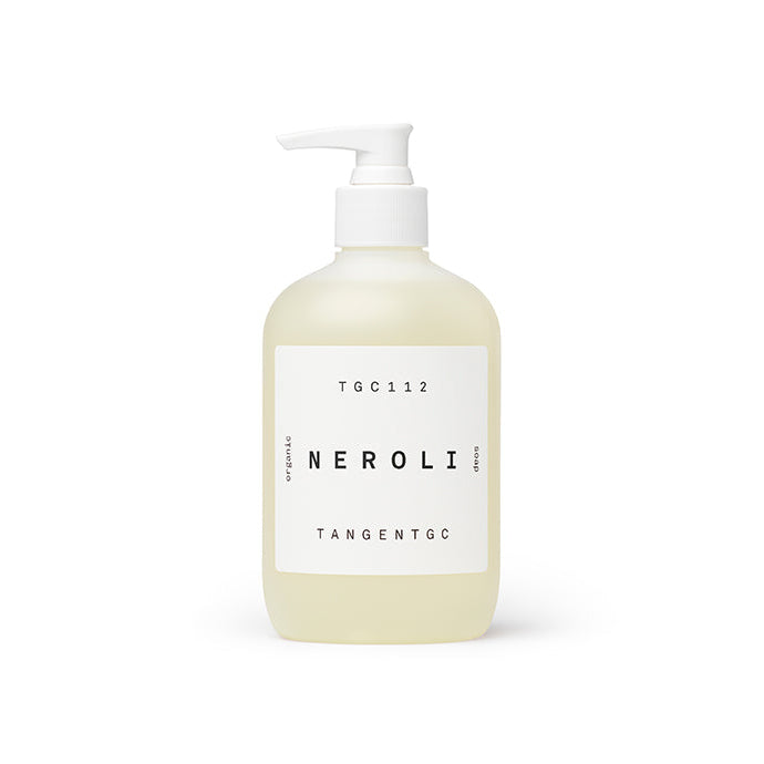 A pump bottle of Tangent GC Neroli Soap with a white label on it.